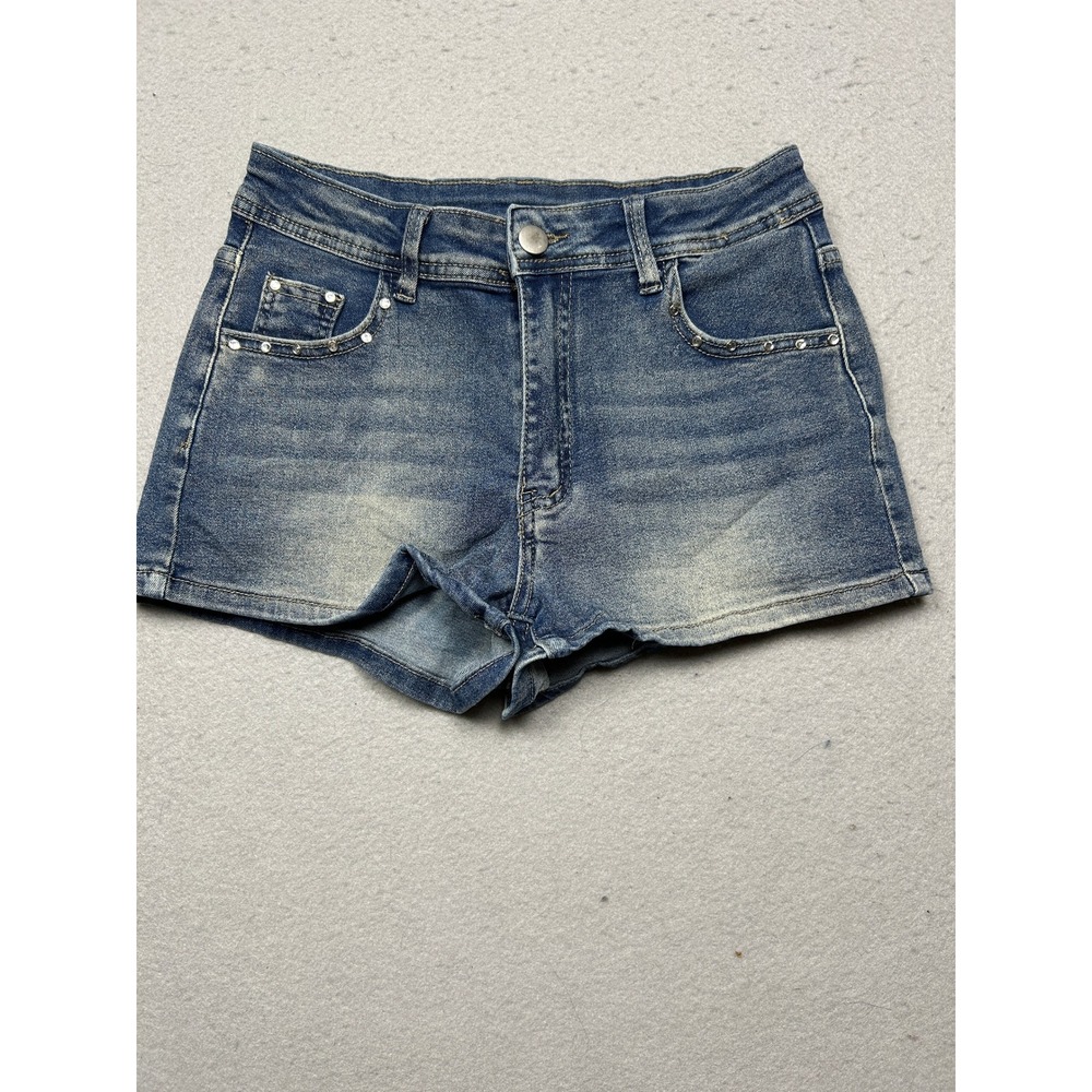 ROMWE Denim Shorts Cotton Blend Blue Skull Rhinestone Small W27 Womens